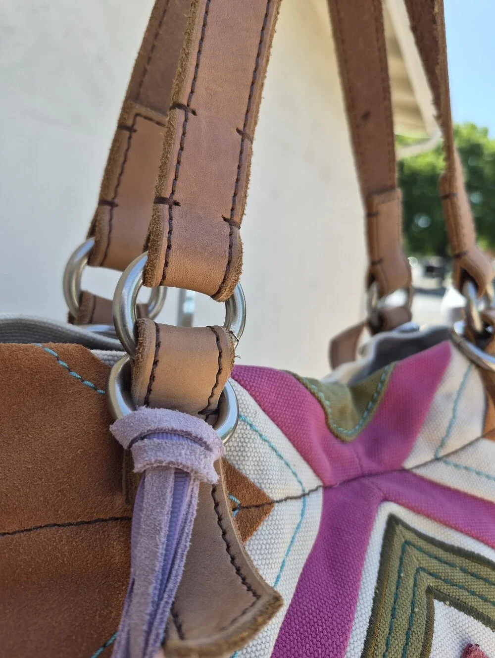Fossil Vintage Jesse Suede & Canvas Embellished Patchwork Tote - Picture 4 of 10